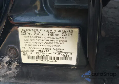 2006 Nissan Sentra 1.8S z USA, uszkodzony, nr VIN 3N1CB51D76L531183